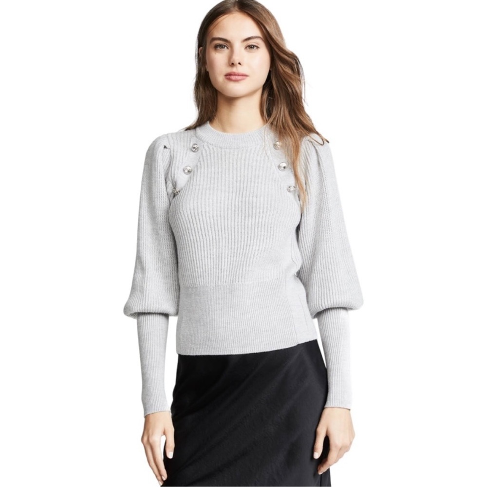 Veronica Beard Light Gray Jude Jeweled  Button Merino Wool Sweater Sz M